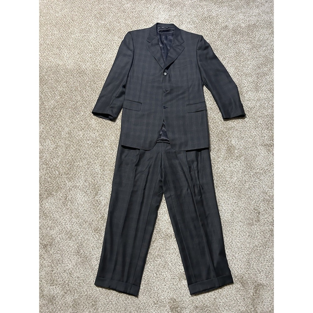 Canali Super 120s 100% Wool 2 Piece Suit Jacket Sz 46 Coat and Pants Gray White